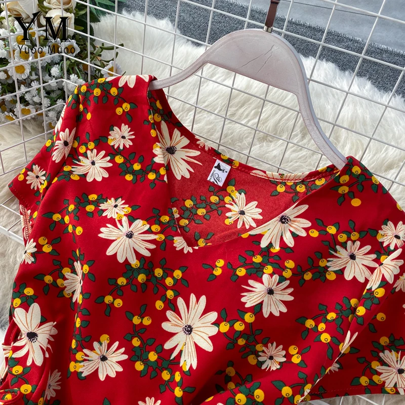 YuooMuoo Flower Print Elegant Women Dress Short Sleeve Vintage Midi Beach Party V Neck Drawstring A Line Streetwear | Женская одежда