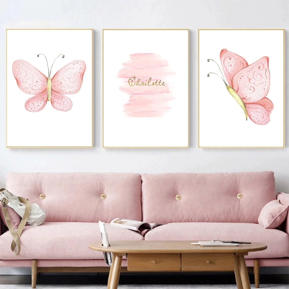 Custom Name Posters Pink Heart Butterfly Wall Art Print Nordic Canvas Painting Nursery Pictures for Girl Baby Room Cuadros Decor on - Настенная картина Nordic Canvas с изображением розового сердца и бабочек с именем на заказ для детской комнаты девочки Cu