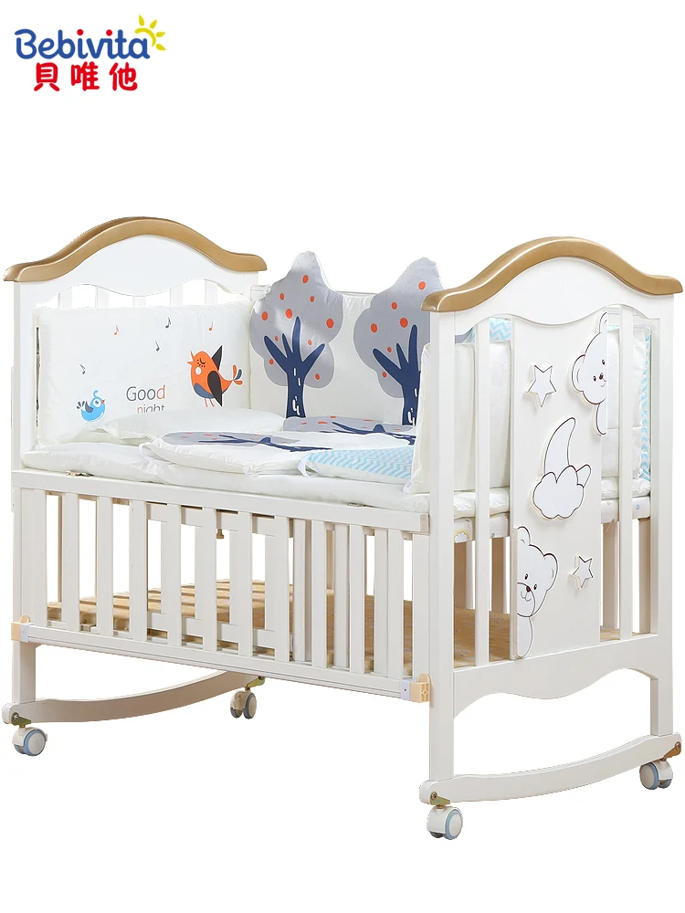 

Luxury European Solid Wood Baby Crib Multifunctional White Baby Cradle Bed Newborn Stitching Bed with mattress send 5 pcs set