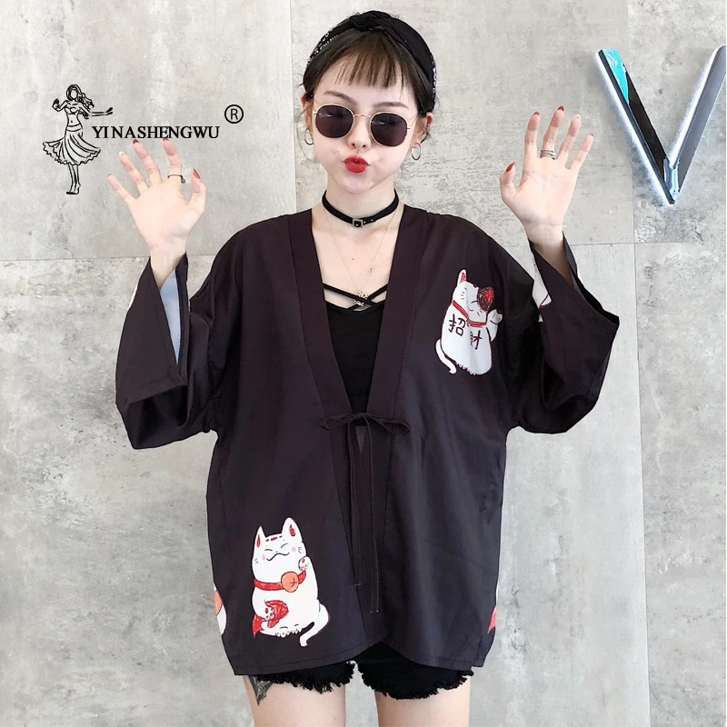Japan Kimono Lucky Cat Printed Cardigan Cosplay Female Loose Dragon Tops Casual Coat Yukata Women Asian Clothing New | Тематическая