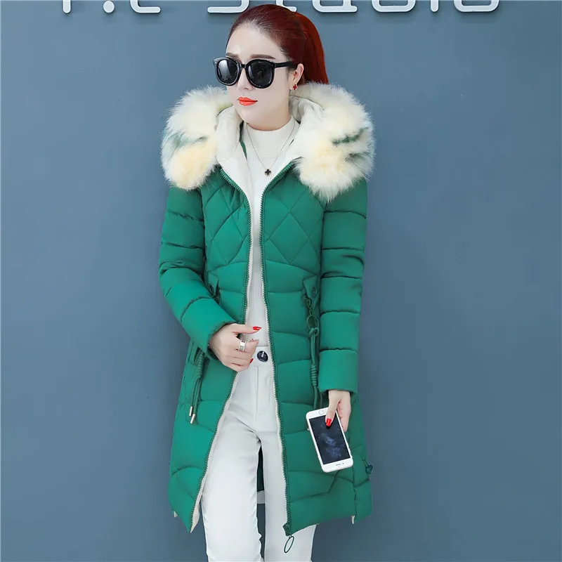 Women's Winter Jacket Artificial Large Fur Collar Hooded Female Coat Slim Cotton-padded Long Outerwear Parka 1211 | Женская одежда