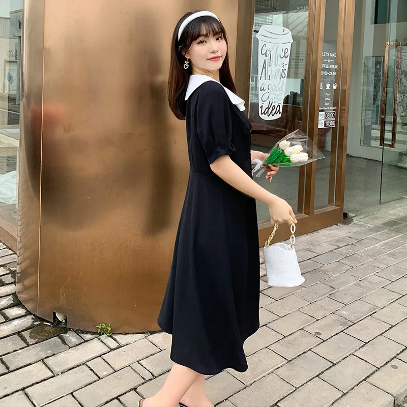 

Plus Size Dress Women Fashion Peter Pan Collar Puff Sleeve Single Breasted Loose Midi Vestidos Korean Chic Robe Elegant Female C