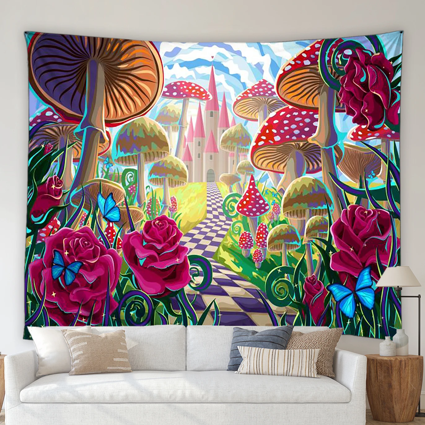 

Fantasy Mushroom Tapestry Flower Plant Castle Butterfly Red Floral Landscape living room Wall Hanging Blanket Bedroom Deco Cloth