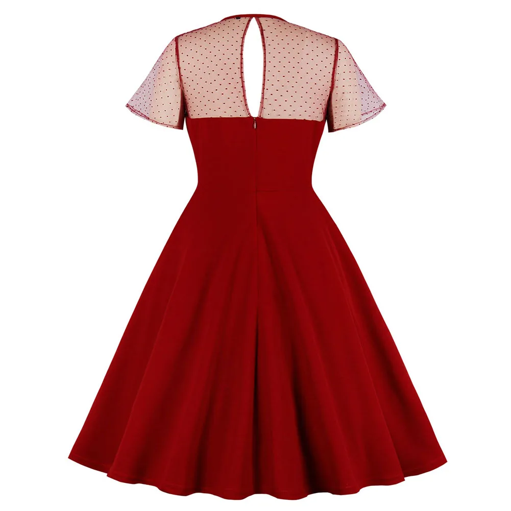 

Summer Dresses Women Mesh Stitching Fluffy Dress Polka Dot A-Line Round Neck Dress Classic Lace Dress Vintage Robe Femme #40