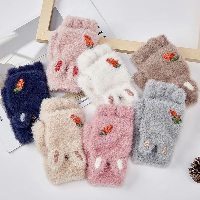 

Winter Women Warm Knitted 1 Pairs Flipped Half Finger Gloves Fingerless Mittens Rabbit Ears Plush Gloves Soft Thicken Cute