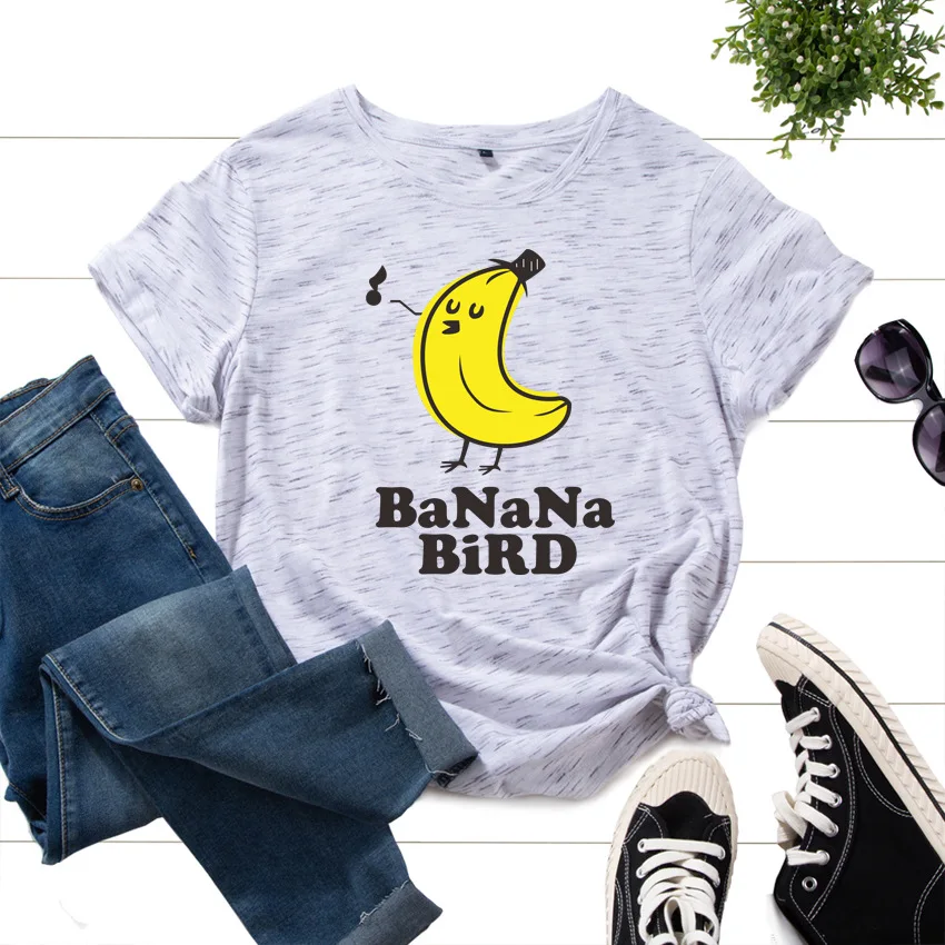 

Cotton T-Shirts for Women Graphic Tees Printed Shirt Short Sleeve Summer Tops Casual Clothes Banana Bird Sing Song Cute Fruit