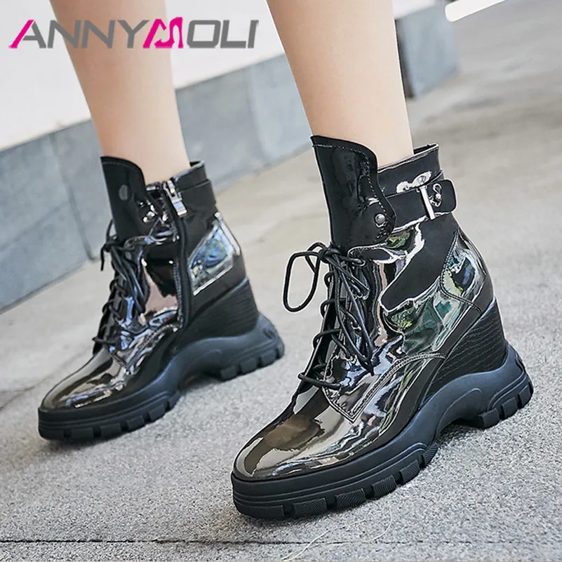 Ботильоны женские из натуральной кожи на танкетке с пряжкой молнии зимние