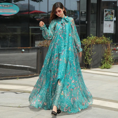 Женское шифоновое платье-макси с длинным рукавом и цветочным принтом