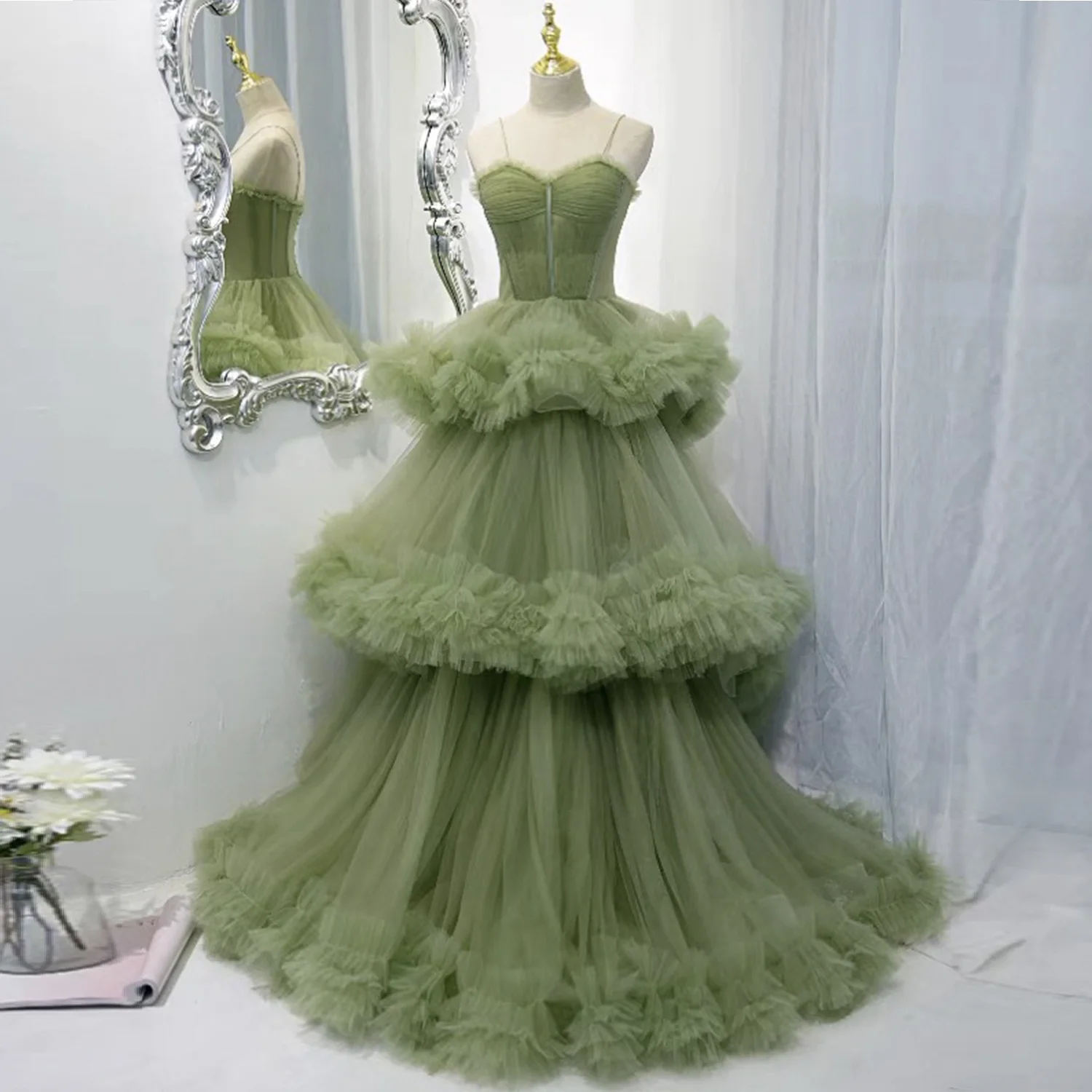 

Зеленое бальное платье из тюля, многослойные вечерние платья, милое женское платье с оборками, элегантное женское платье со шнуровкой сзади...