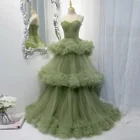 Зеленое бальное платье из тюля, многослойные вечерние платья, милое женское платье с оборками, элегантное женское платье со шнуровкой сзади, платье для выпускного вечера
