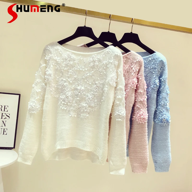 

French Women's Pink Beaded Flower Pullover Sweater Winter 2021 New Fashion Round Neck Loose Long Sleeve Knitted Sweaters Female