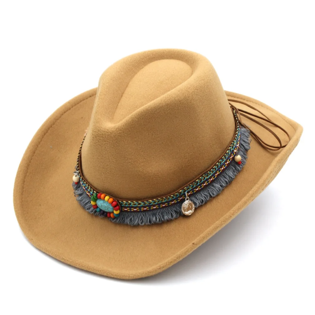 

Mistdawn Unisex Adult Western Cowboy Hat Wool Felt Buckle Outdoor Party Beach Wide Brim Panama Trilby Sunshade Ethnic Cap