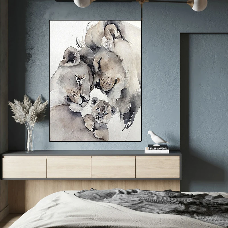 Картина Счастливая семья львов Постер и принты с животными в скандинавском стиле
