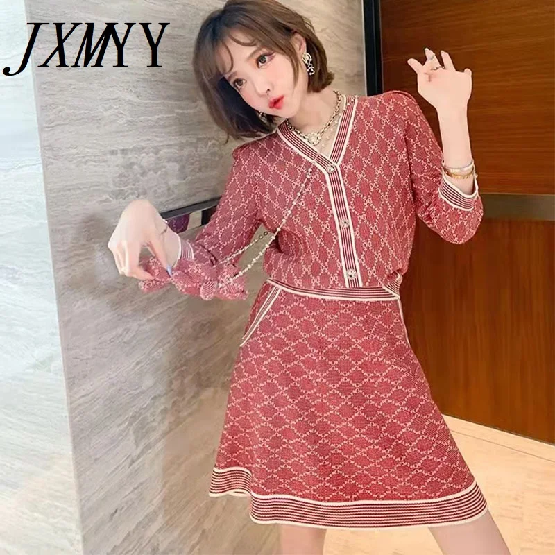 Женский трикотажный костюм JXMYY шерстяной топ + юбка контрастного цвета с