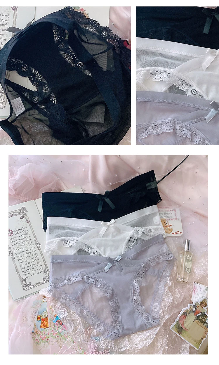 

3 Pack Cross Traceless Transparent Ultra Thin Mesh Sexy Hot Low Waist Lace Women's Briefs Black And White Grey