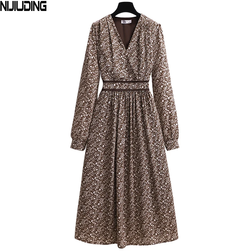 

Женское платье с цветочным принтом, с подкладкой, Осень-зима 2021, с длинным рукавом, женское шифоновое платье с высокой талией, Mujer Vestidos, Разме...