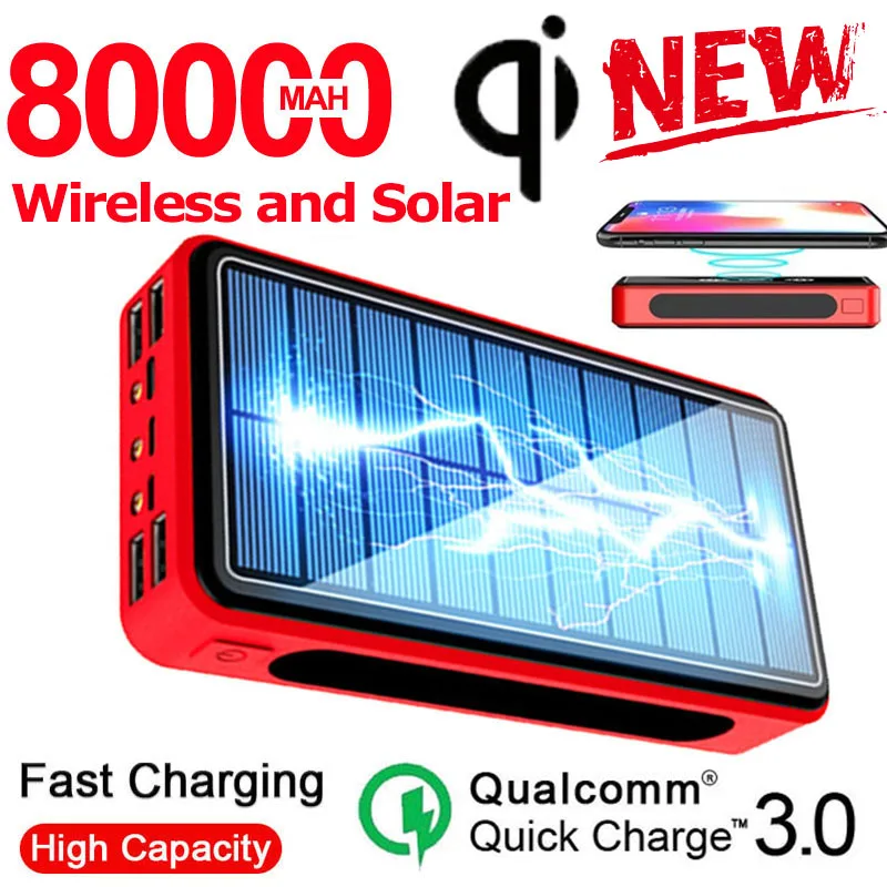 80000 мАч солнечный банк Wireless Power Bank 4 USB портативный внешний аккумулятор зарядное