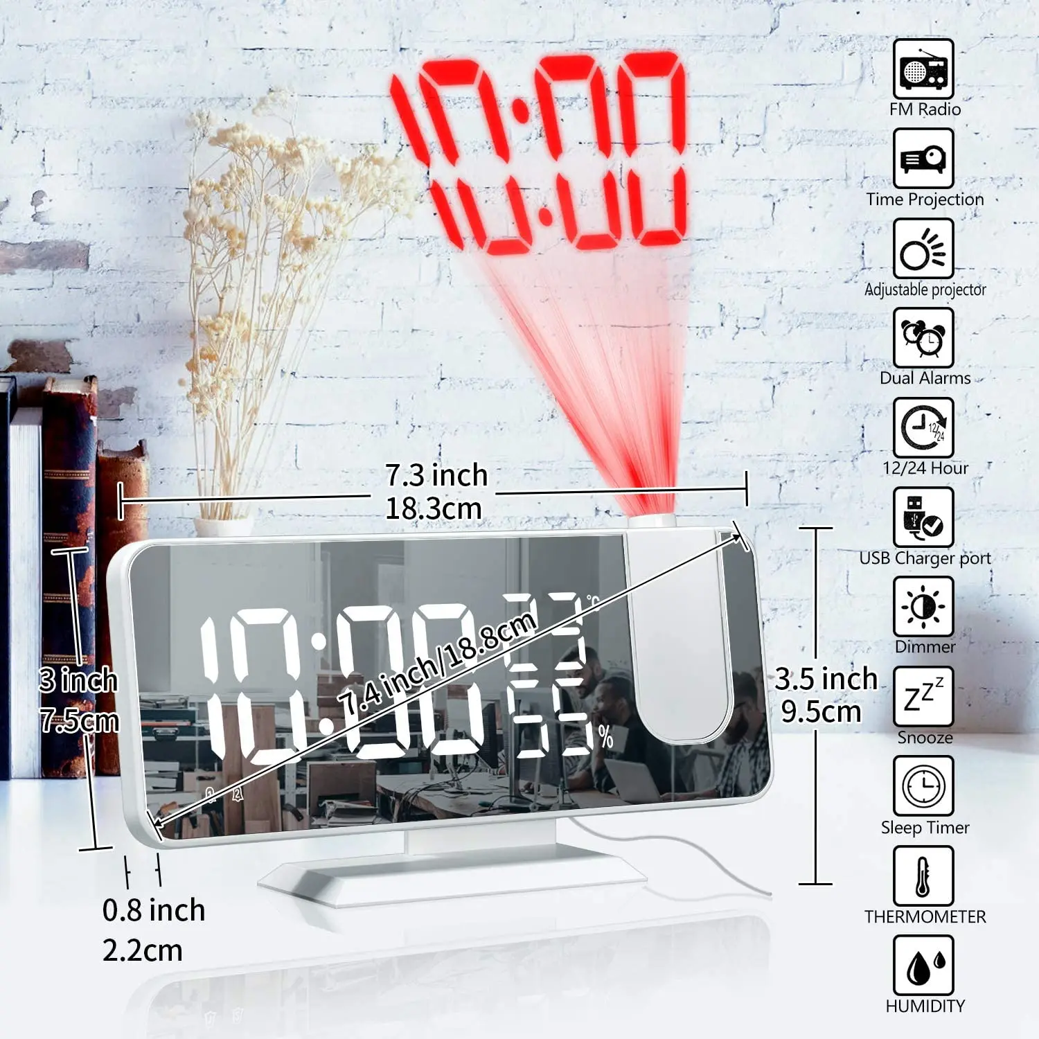 

Проекционный цифровой будильник с FM-радио, часы с функцией повтора, USB-порт, поворотный дисплей температуры и влажности