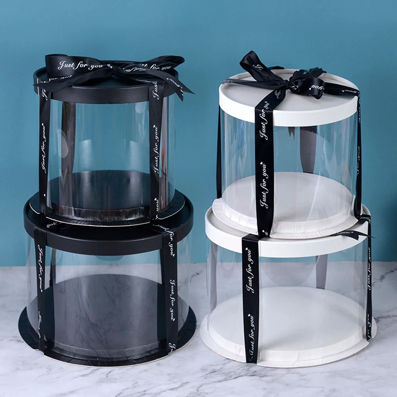 Black/white Transparent Cylindrical Pattern  Gifts Rose Bear Packaging Case Baking Birthday Party Decor
