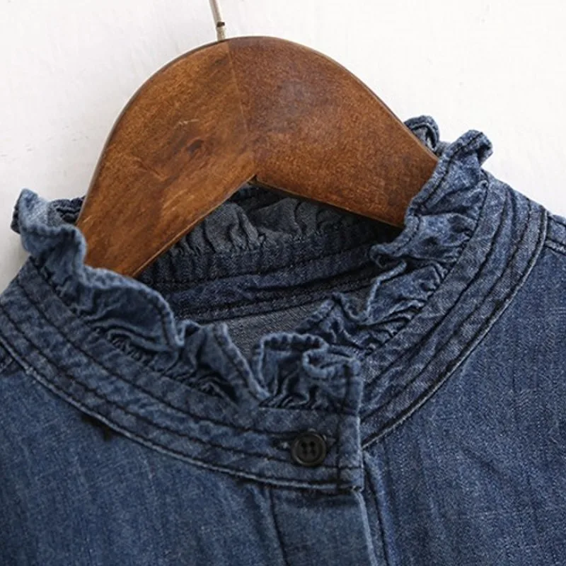 Джинсовая рубашка женская с длинным рукавом однотонная блузка из денима на