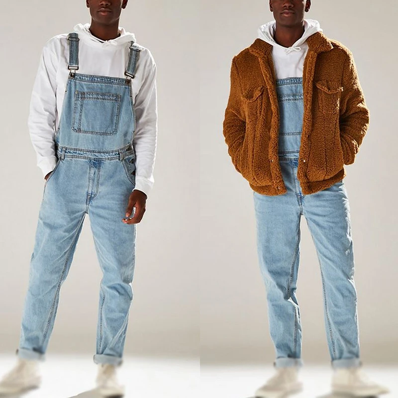 Винтажный Ретро Длинный комбинезон для мужчин Slim Fit Bib джинсовые карманы Модные Простые повседневные мужские джинсы