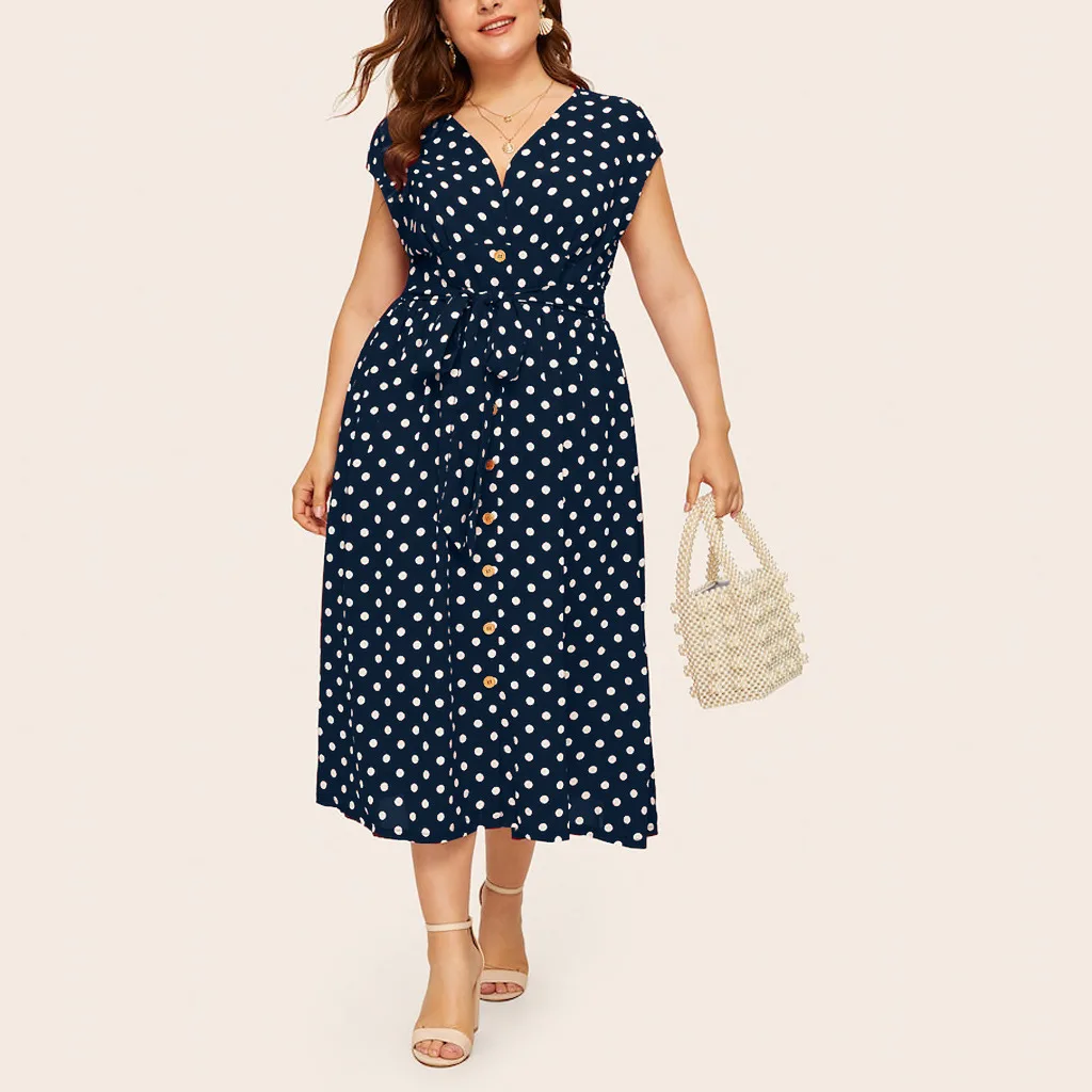 

New Fashion Women's Large Polka Dot Dress Button Tie Waist V-neck Skirt