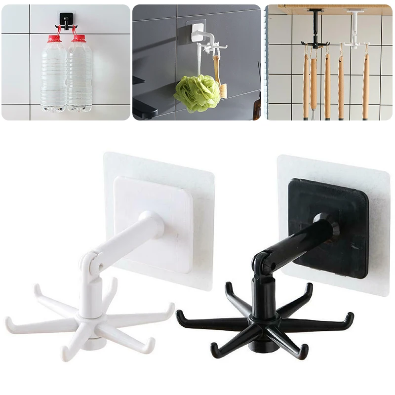 

360 Degrees Rotate Hook Holder Hang for Kitchen Cabinet Bag Rack Organizer Storage Rack Self Adhesive 6 Hooks Home Accessories