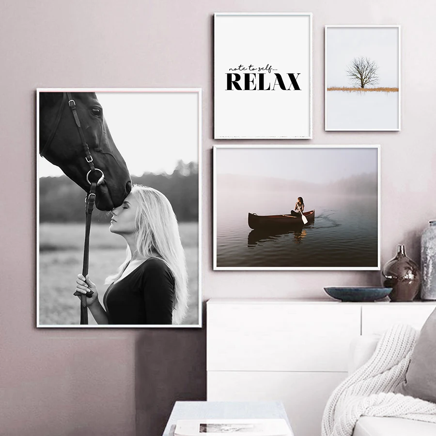 Canvas Decorativos Painting Relax Quotes Nordic Scandinavian Wall Poster Landscape 5 Piece Horse Picture HD Print Pop Art |