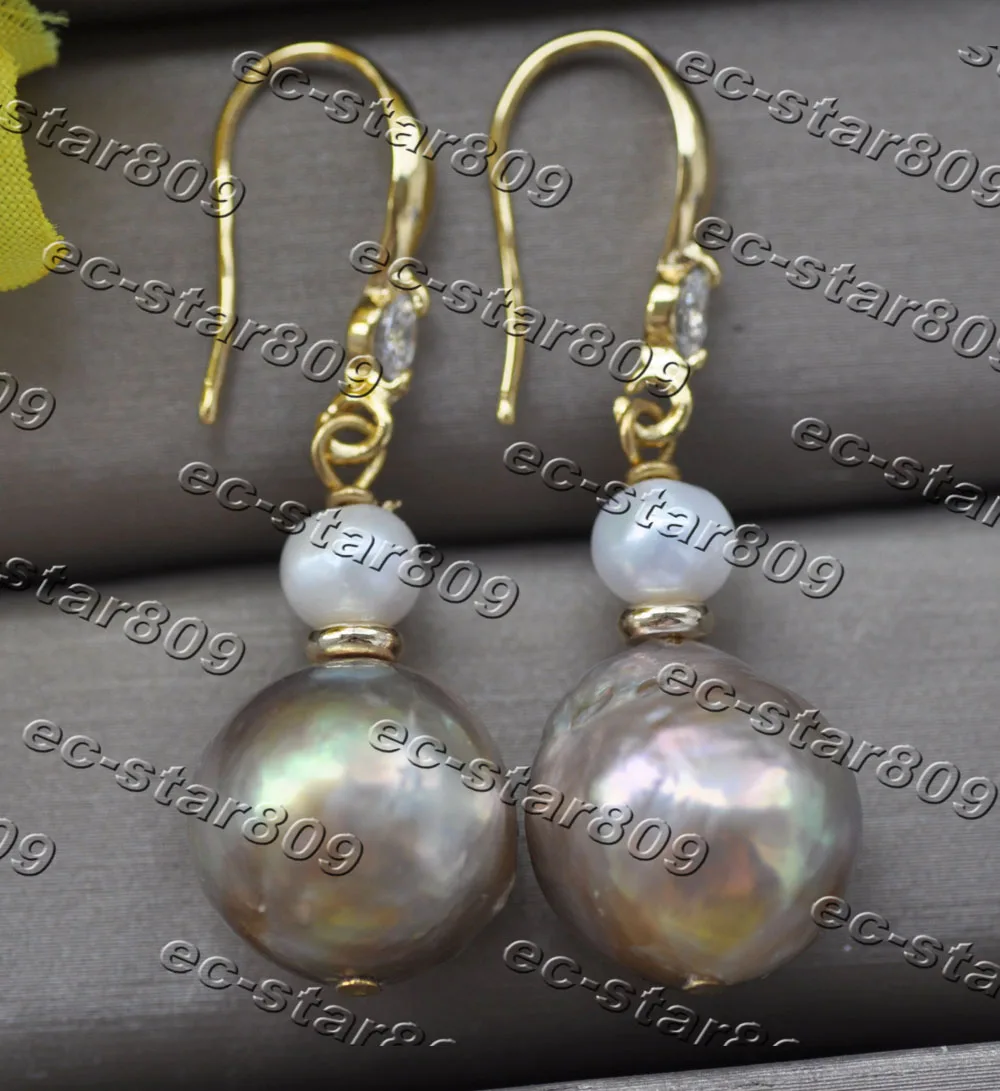 

Z11181 15mm Gold-Lavender White Almost Round Edison Keshi Pearl Dangle Earring CZ Fine Women Fine Jewelry