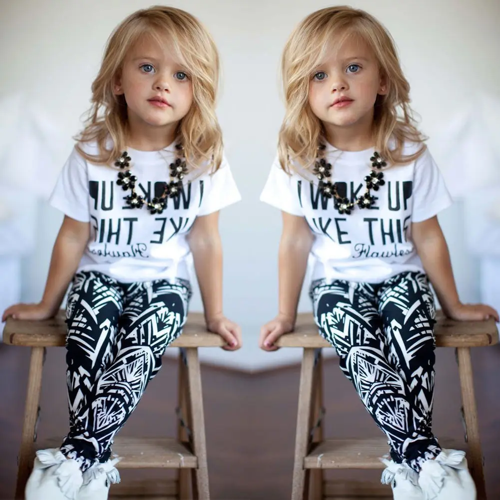 

New 2-9Y Kids 2pcs Set Girls I Woke Up Like This White Casual Tops Toddler T Shirt Girl Pants Infant Outfits Set