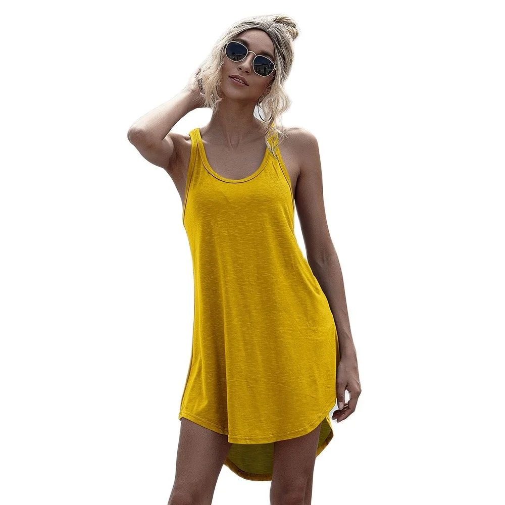 

Solid Casual O-neck Sleeveless Tank Dress Women Loose Off Shoulder Asymmetrical Cotton Mini Dress Summer Y2K Vestidos Streetwear
