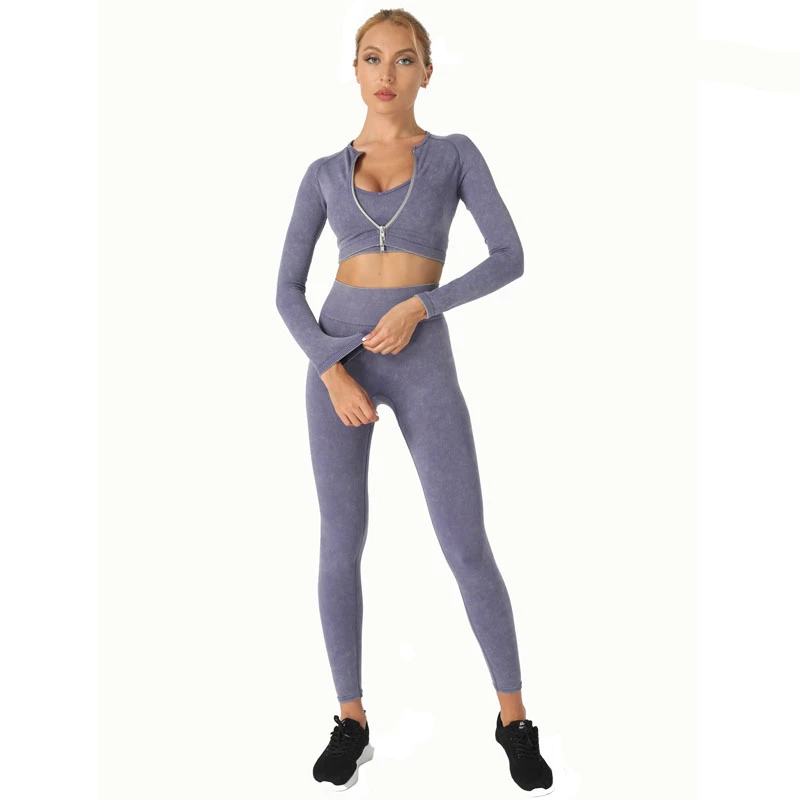 

2021 New Arrival Seamless Long Sleeve Zipper Yoga Sets Leggings Tracksuit Women Clothing Sport Three Piece Suit for Fitness