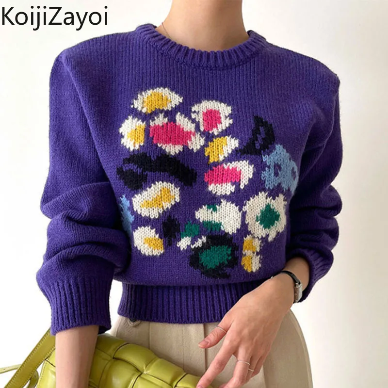 

Koijizayoi Women Floral Emobroidery Sweaters Knitted Female Elegant O Neck Crop Tops Casual All-match Autumn Winter Loose Jumper