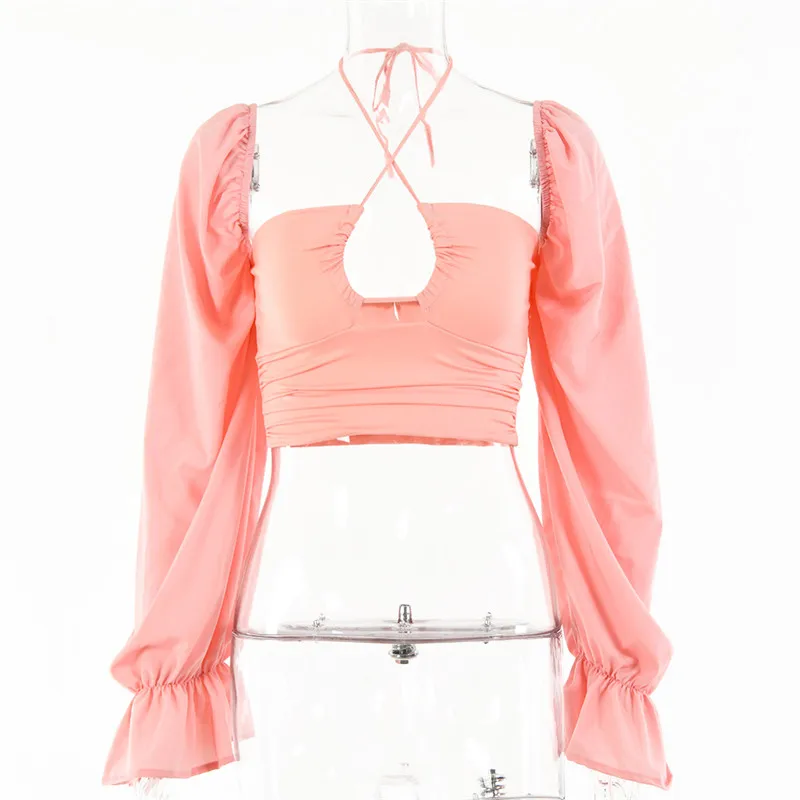 

CNYISHE Halter Hollow Out T Shirts Women Backless Lantern Sleeve Crop Tops Femme Summer High Street Sexy T-shirts Vintage Tees