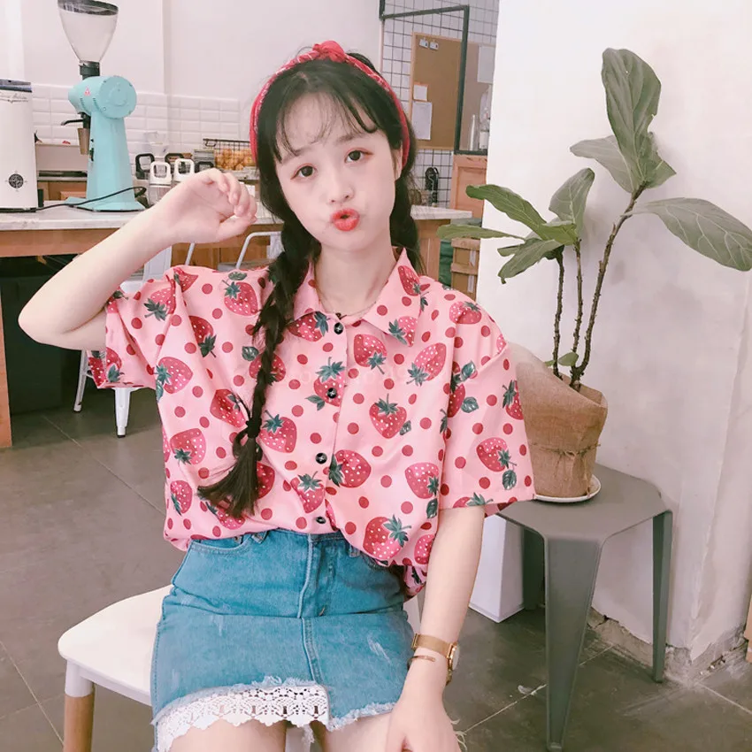 

Strawberry Shirt Half Sleeve Soft Sister Style Elegant Top Women Girl Casual Leisure T Shirt Comfortable Button Patterned Ladies