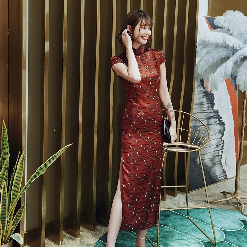 

Spring Chinese Lady Sexy Qipao Large Size 3XL 4XL Print Stage Show Cheongsam Elegant Evening Dress