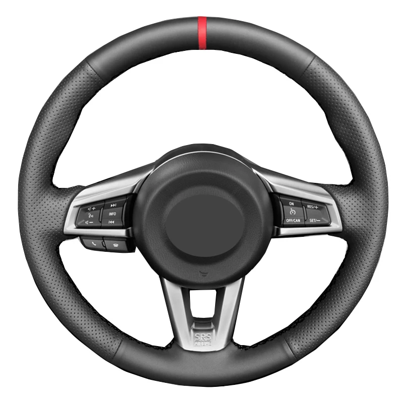 Ручная швейная обивка рулевого колеса автомобиля Красный маркер для Mazda MX5 MX-5 2016 2017 2018 2019 2020 2021 Черная искусственная кожа.