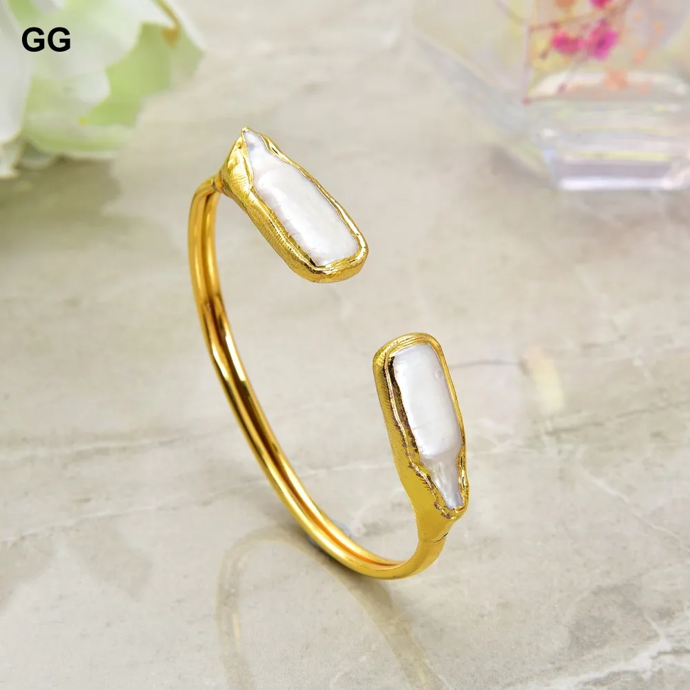 GG Jewelry Cultured White Biwa Rectangle Pearl Golden Plated Bangle Bracelet | Украшения и аксессуары