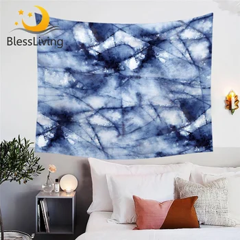 BlessLiving Natural Stone Tapestry Abstract Marble Crack Texture Wall Hanging Watercolor Wall Carpet Blue White Tapisserie 1