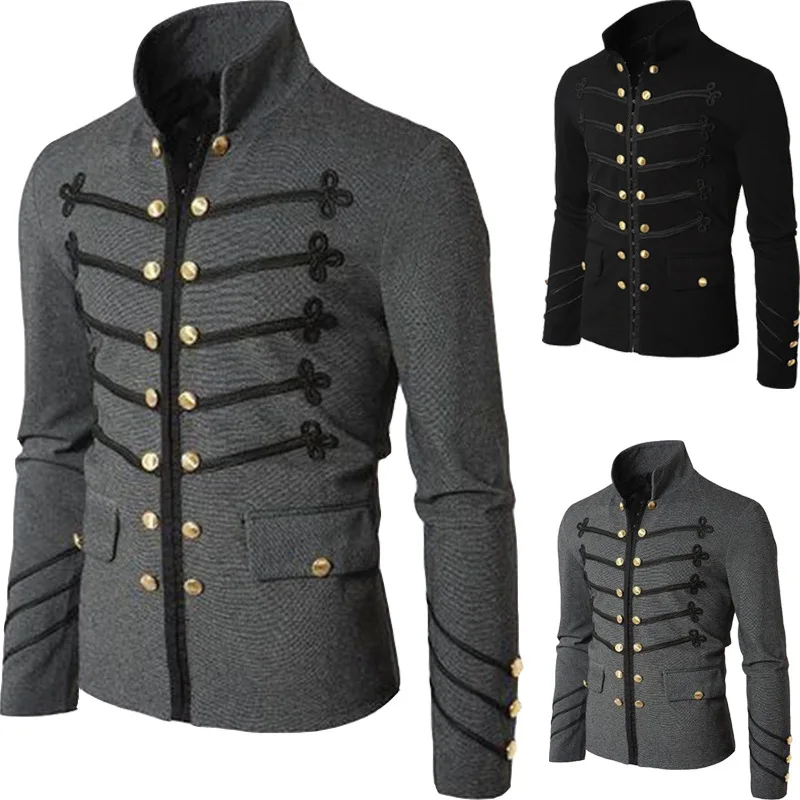

2019 Vintage Solid Men Gothic Jacket Steampunk Tunic Rock Frock Uniform Male Vintage Punk Costume Metal Military Coat Outwear