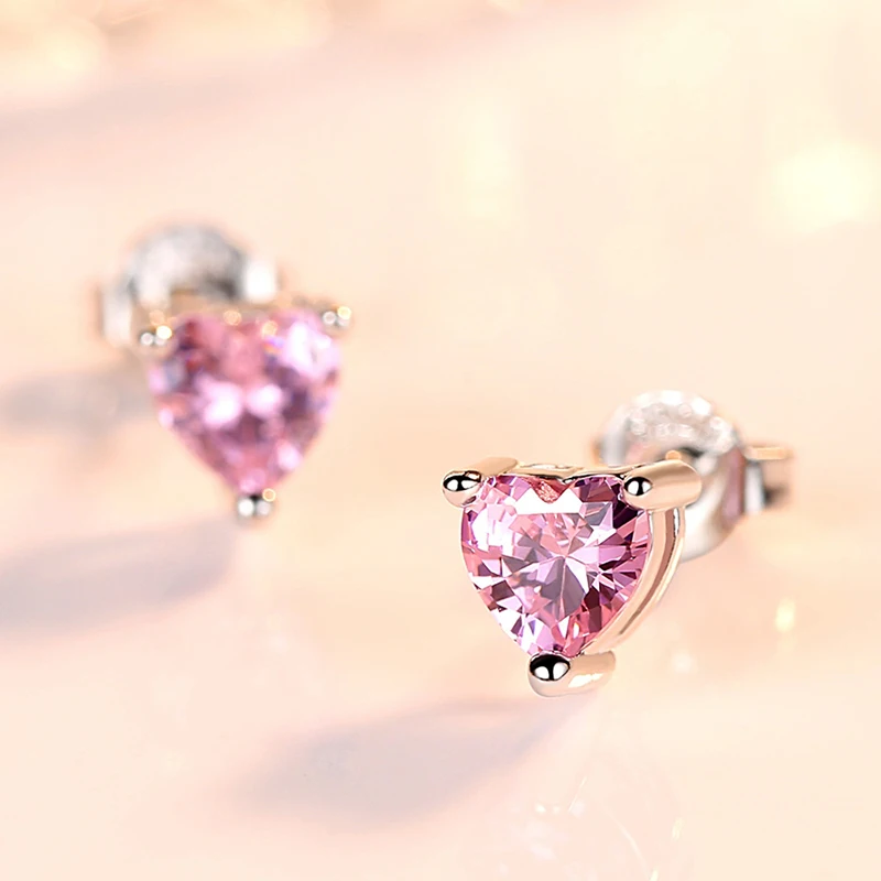 Cute Romantic Simple Style Stud Earrings Romantic Pink Heart Zirconia Stone Minimal Earring Piercing Cartilage Nail For Women