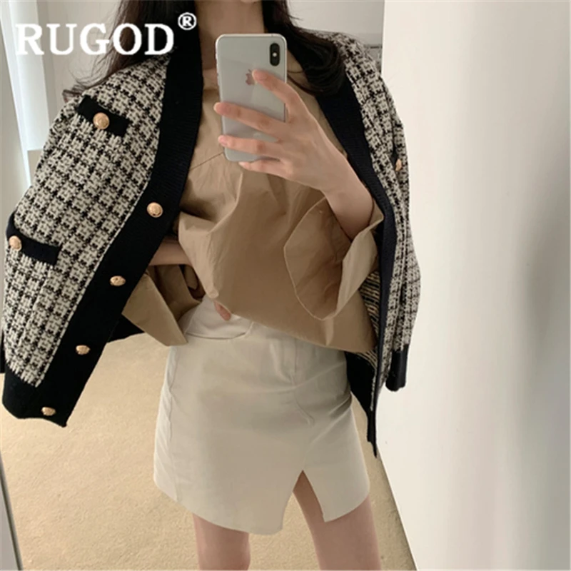 RUGOD/женское клетчатое пальто Новинка года; зимний теплый модный женский кардиган; Повседневная плотная вязаная верхняя одежда с v-образным вырезом; корейские дамские свитера ins