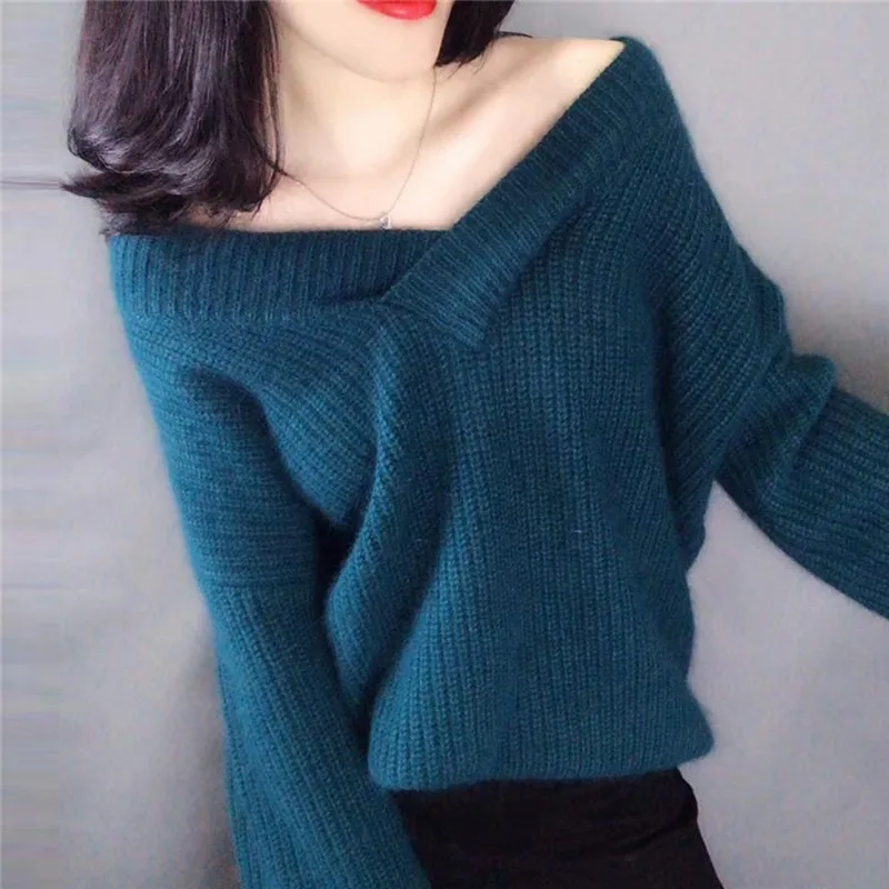 Loose Casual Lantern Sleeve Mohair Thicken Sweater Women Fashion Trend Simple V-neck Solid Color Pullover Sweater