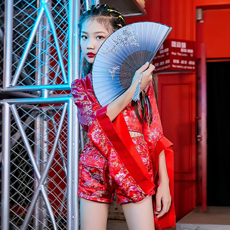

Children Jazz Dance Performance Clothes For Girls Chinese Style Red Set Sequin Fringed Classical Dance Costume Stage DNV14019