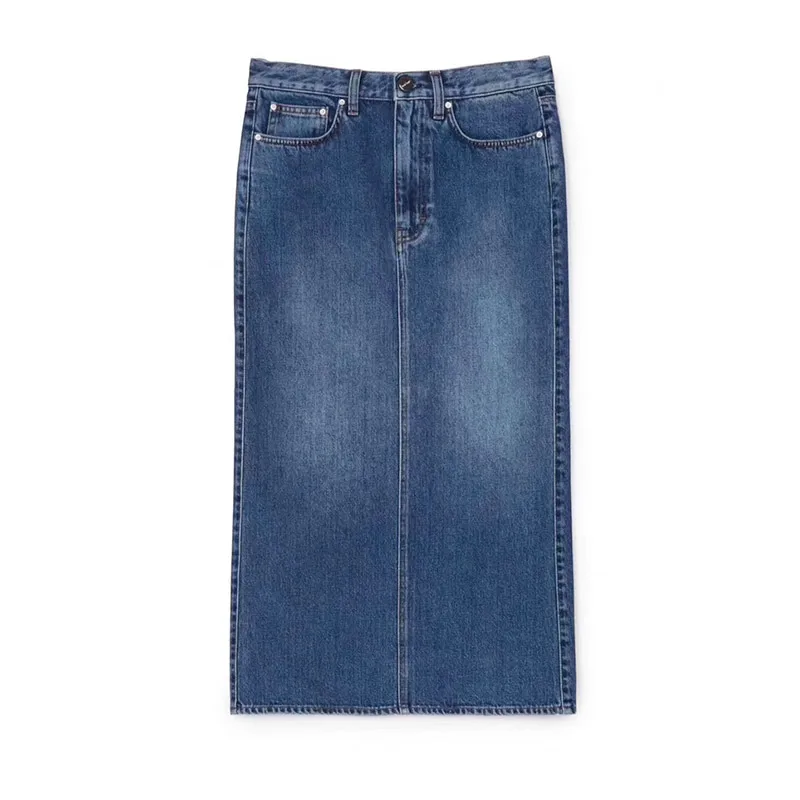 Осенняя Женская юбка миди простая джинсовая с разрезом сзади повседневная