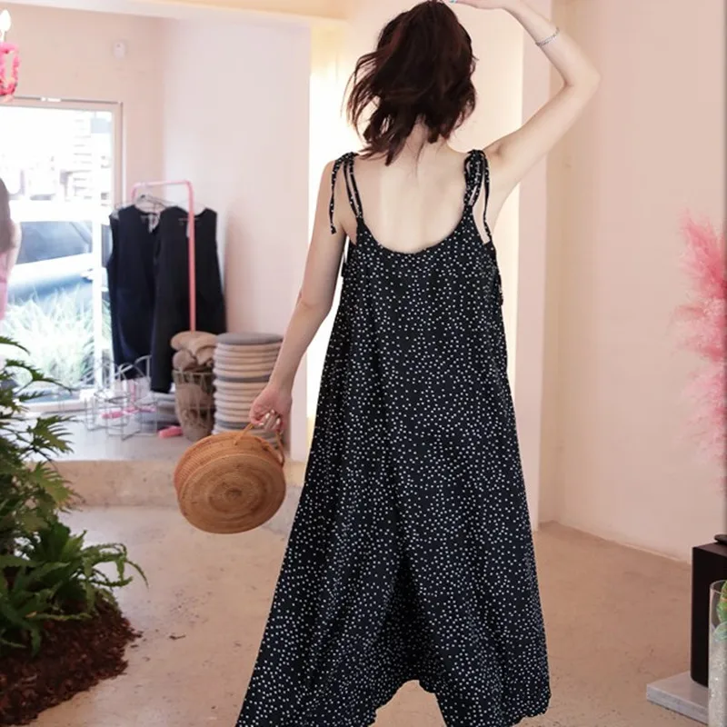 LANMREM/широкие брюки в черный горошек без рукавов на бретельках Свободные женские