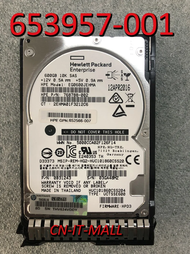 

652583-B21 653957-001 600G SAS 2.5 10K EG0600JEHMA 768788 600GB HDD Hard Drive