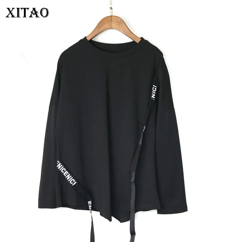 Женская Асимметричная футболка XITAO черная с лентами и длинным рукавом большие