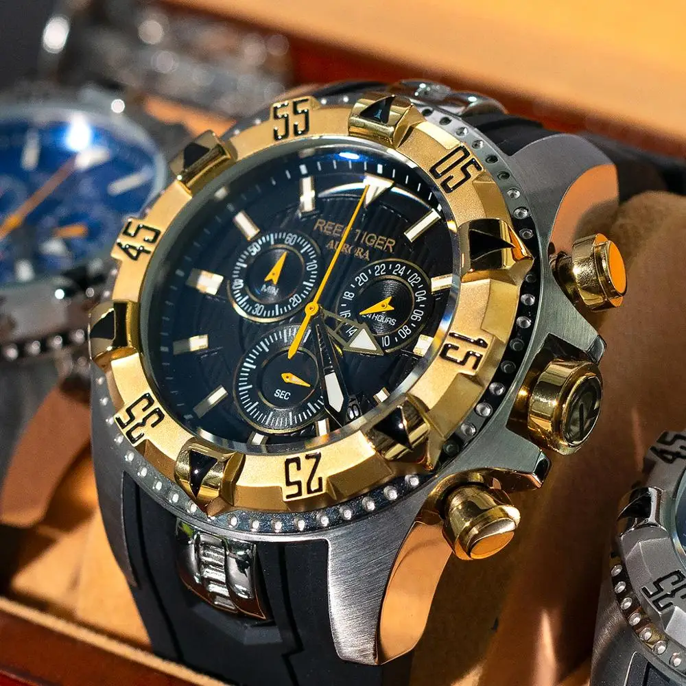 Риф Тигр/РТ Супер Светящиеся стальные часы желтого золота мужские спортивные