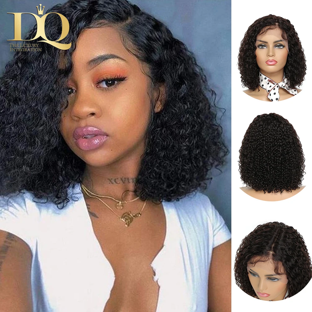 Short Curly Bob Wig Water Wave Human Hair Wigs Remy Brazilian 13x1 Bob T Part Lace Wig For Women Natural Black Full Density